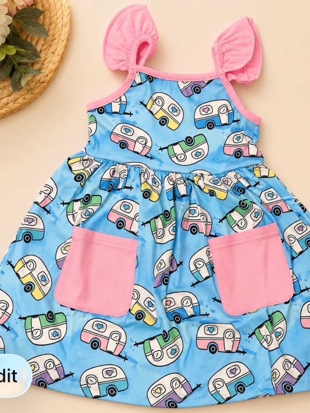 Blue Camper Print Toddler Dress with Pink Accents